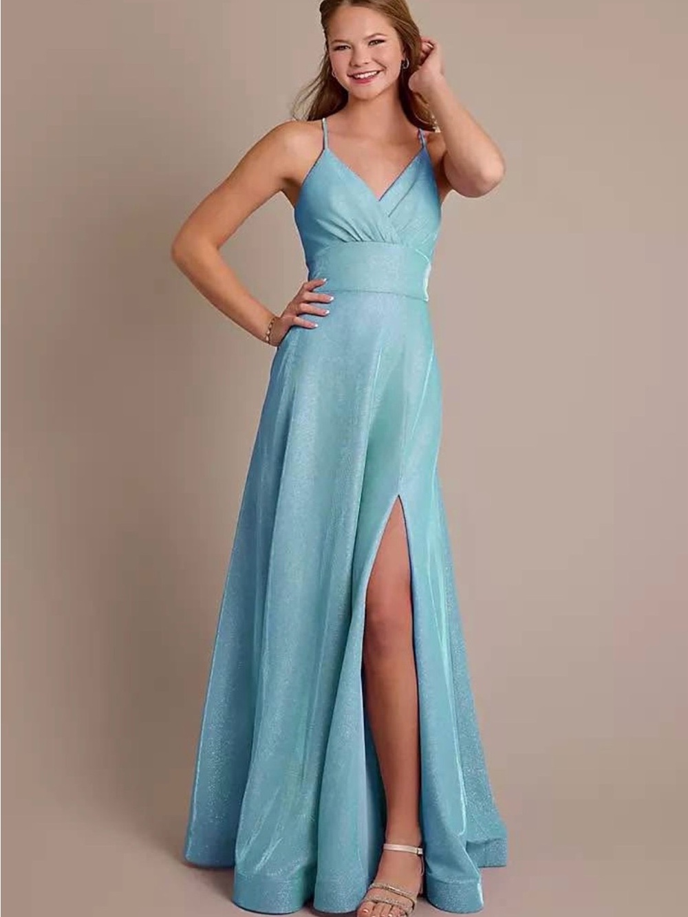 Jules & Cleo Sparkling Aqua V-Neck Prom/Gown with High Slit from David‘s Bridal
